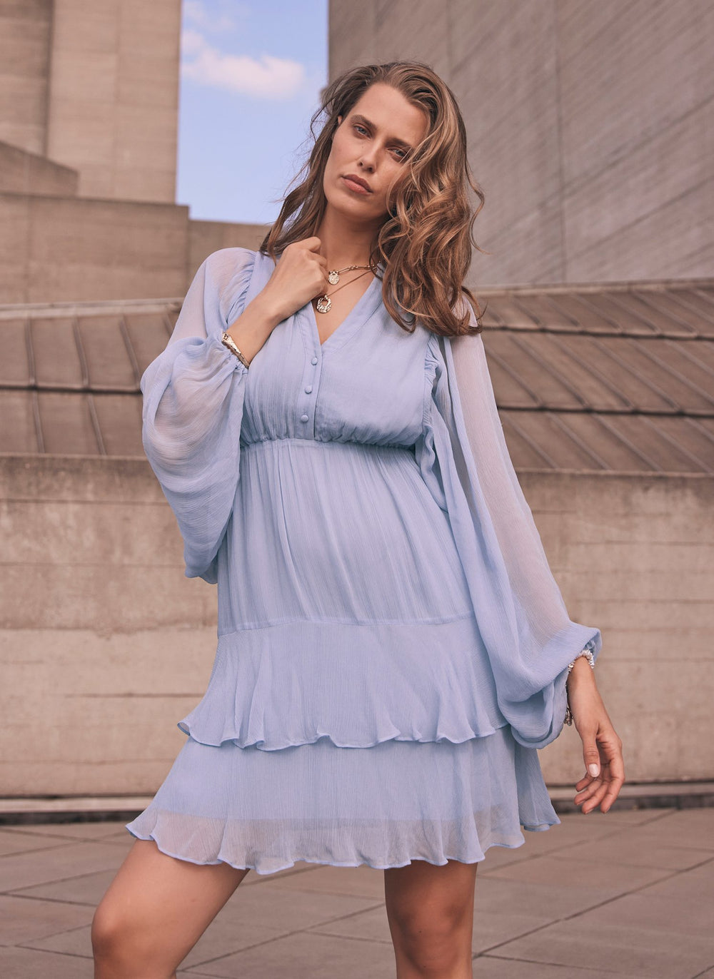 Blue Ruffle Boho Mini Dress