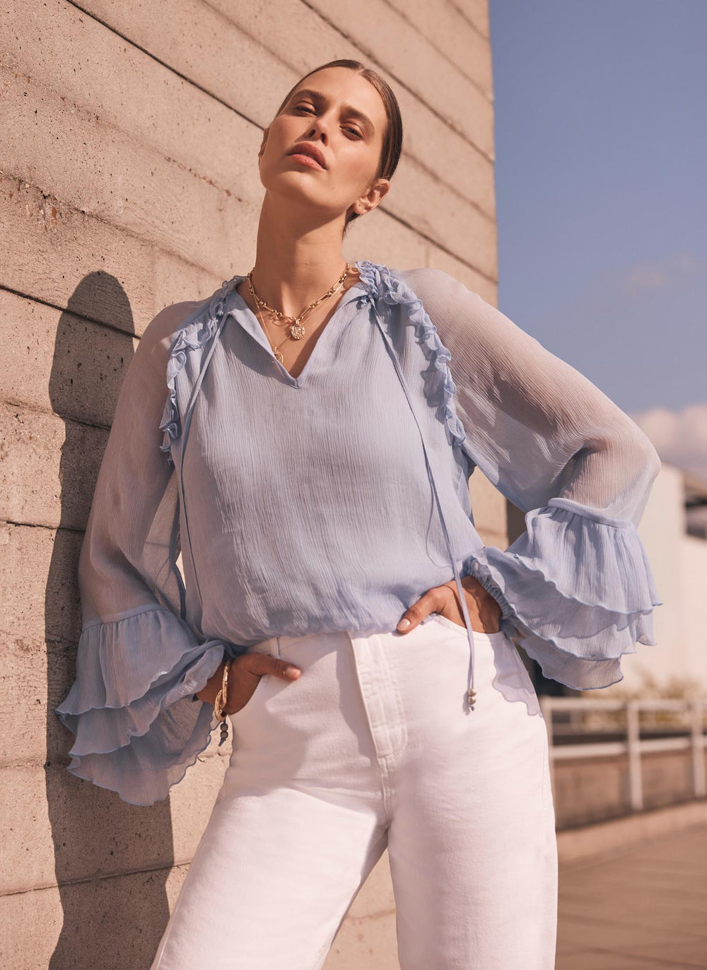 Blue Ruffle Detail Blouse