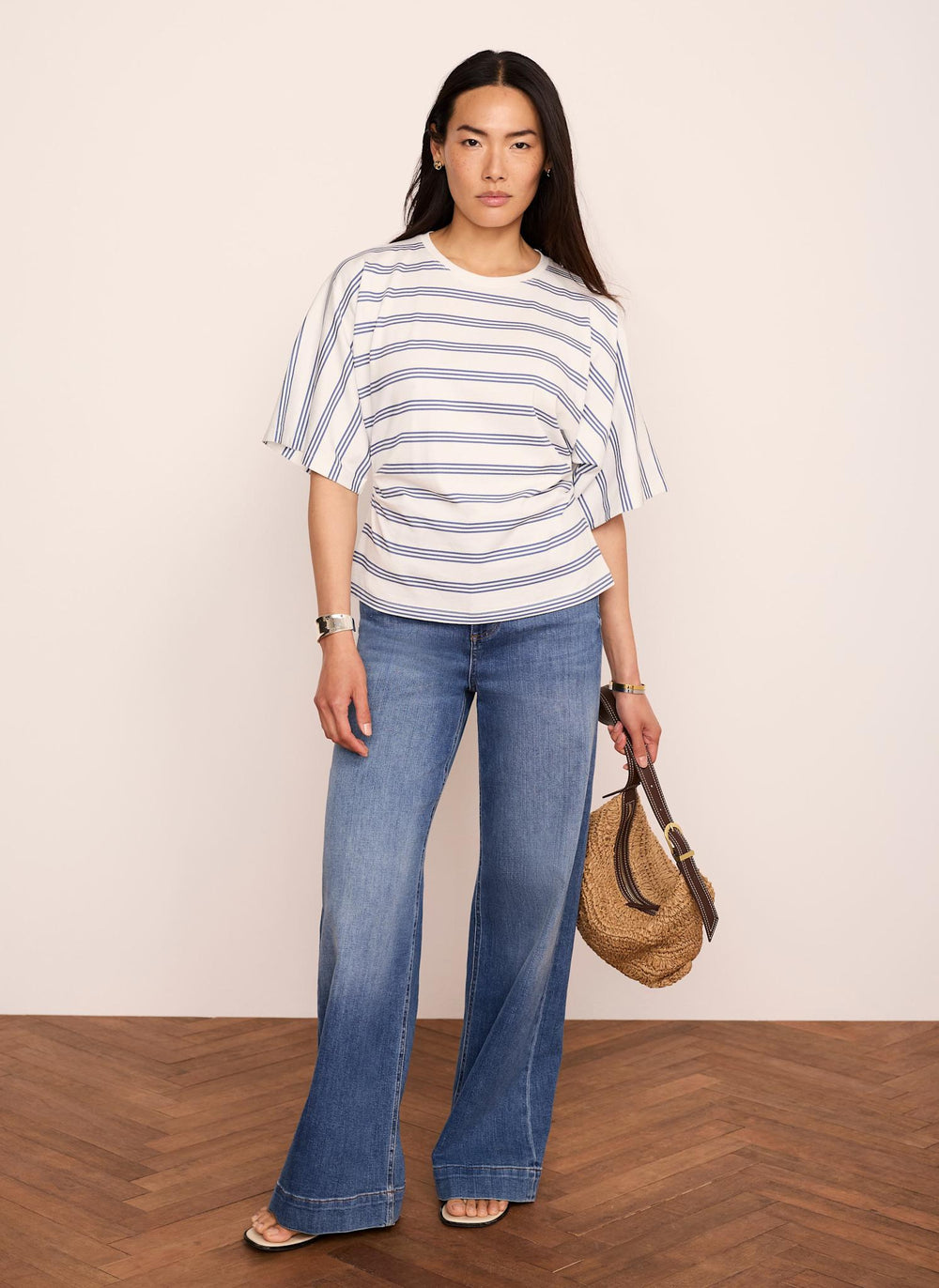 Blue Cotton Ruched Waist T-Shirt