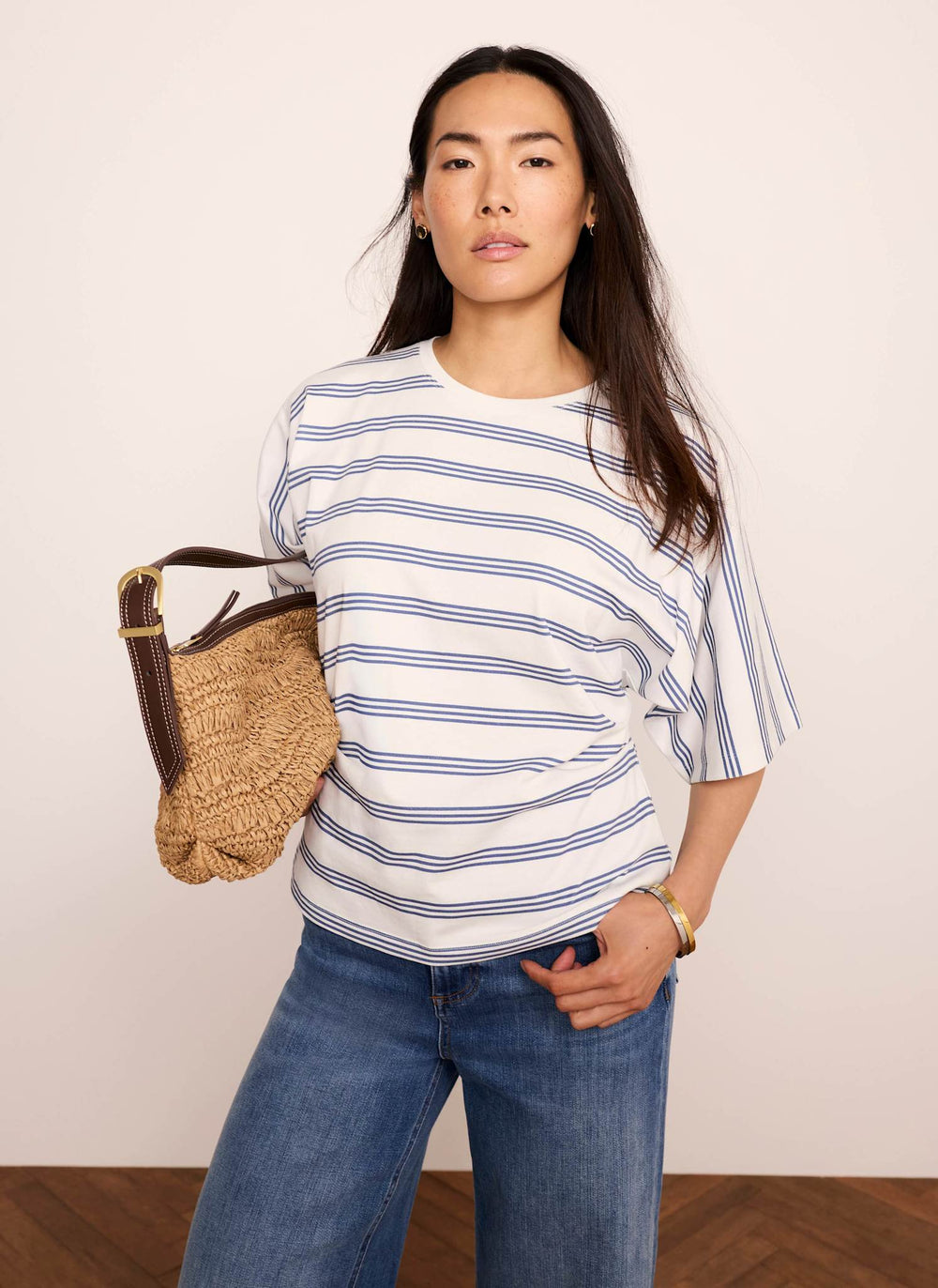 Blue Cotton Ruched Waist T-Shirt