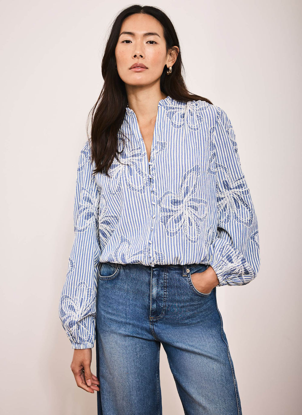 Blue Striped Embroidered Floral Blouse