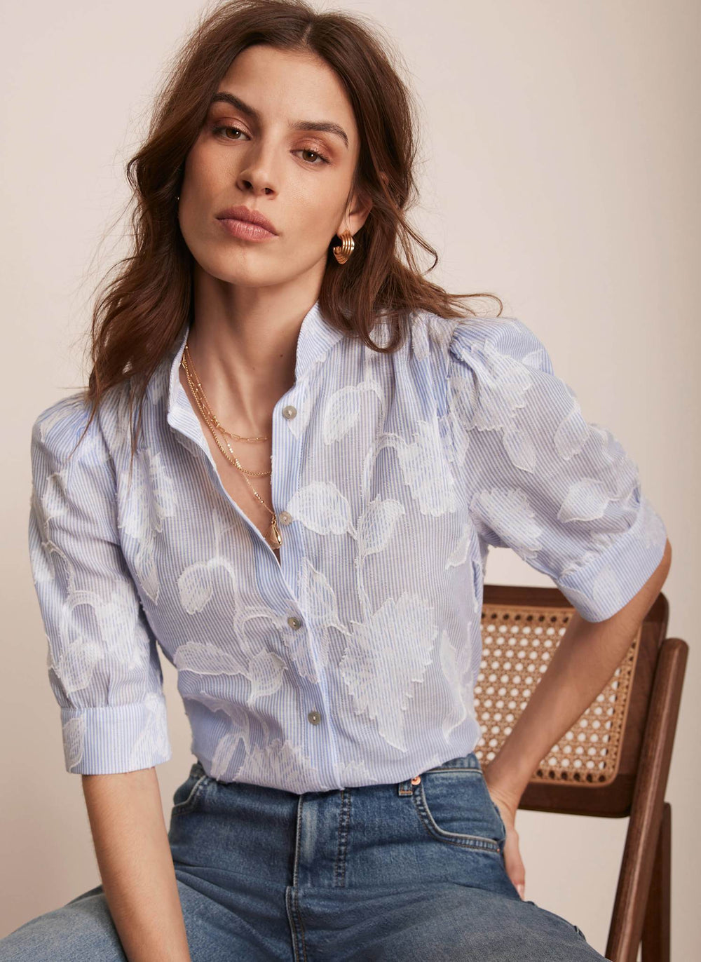 Blue Striped Floral Blouse