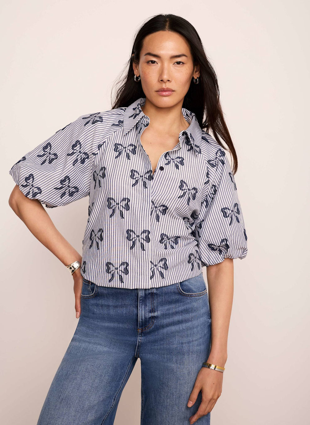 Blue Cotton Blend Striped Bow Shirt