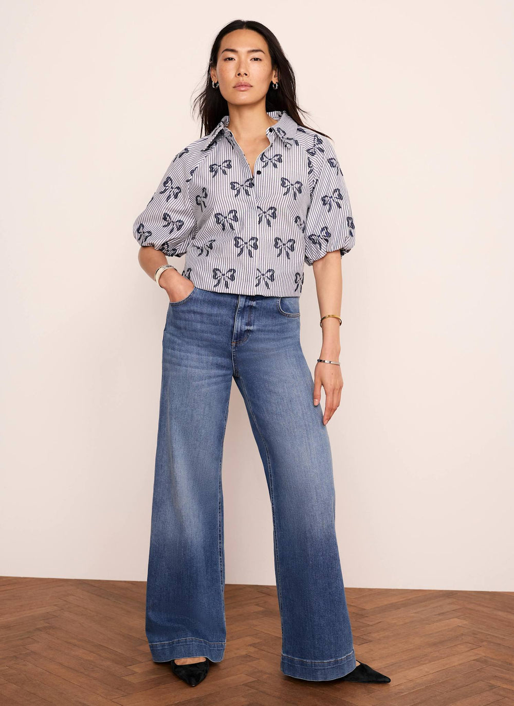 Blue Cotton Blend Striped Bow Shirt