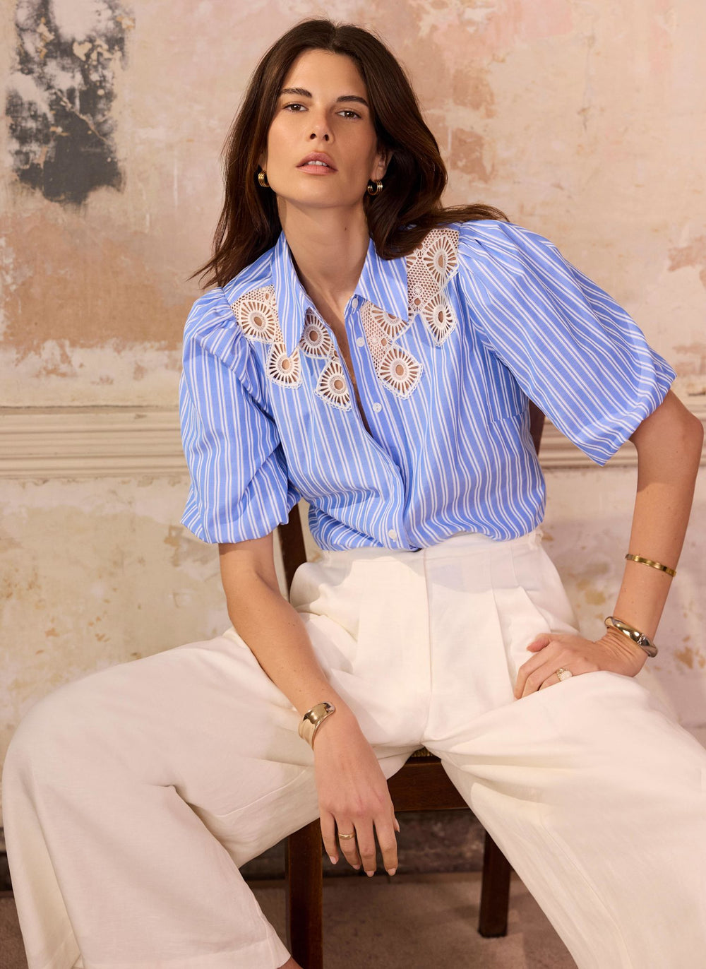 Blue Cotton Blend Striped Shirt