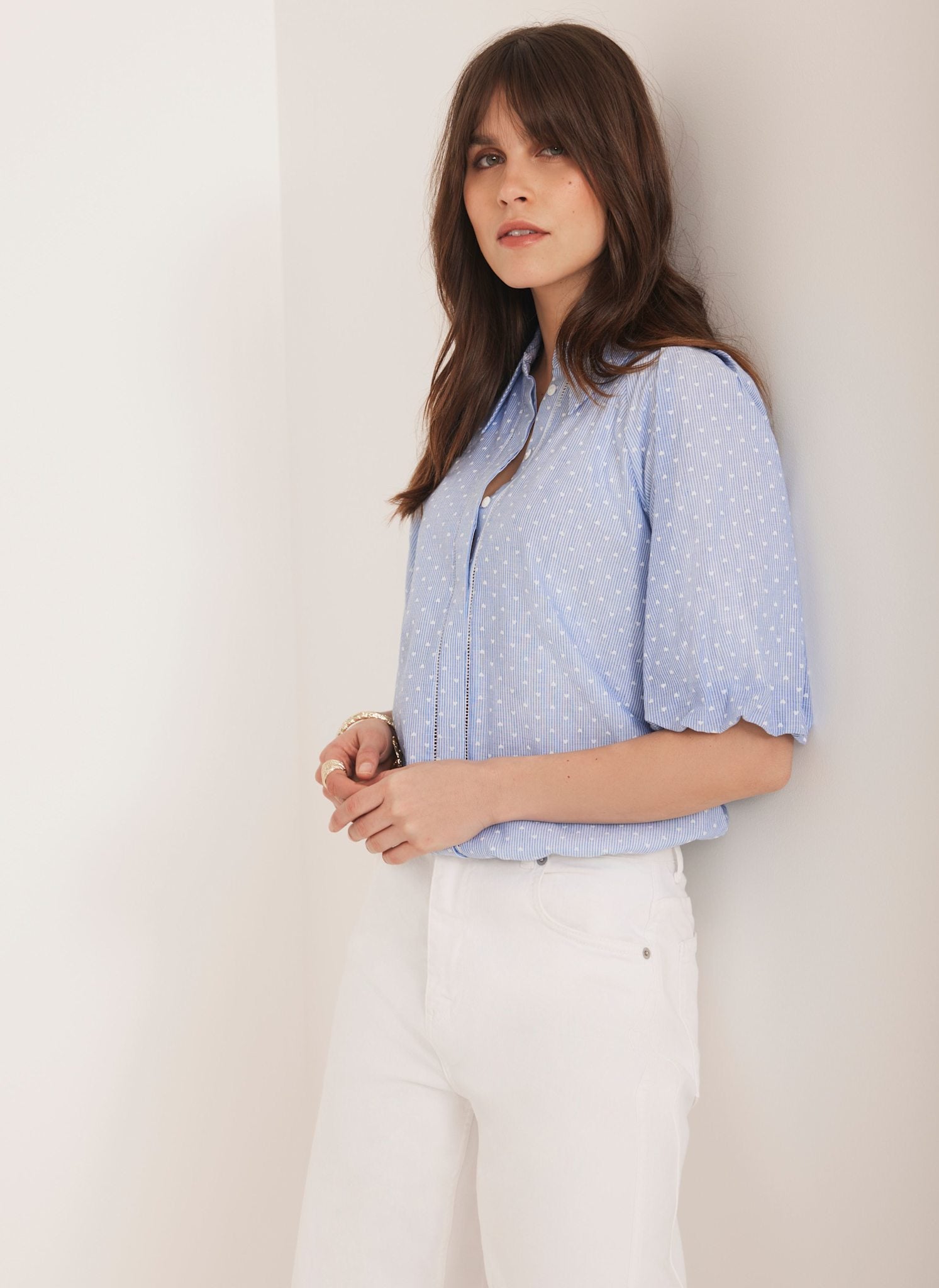 Mint Velvet Puff Shoulder Denim Shirt Blue Stripe Polka Heart Puff