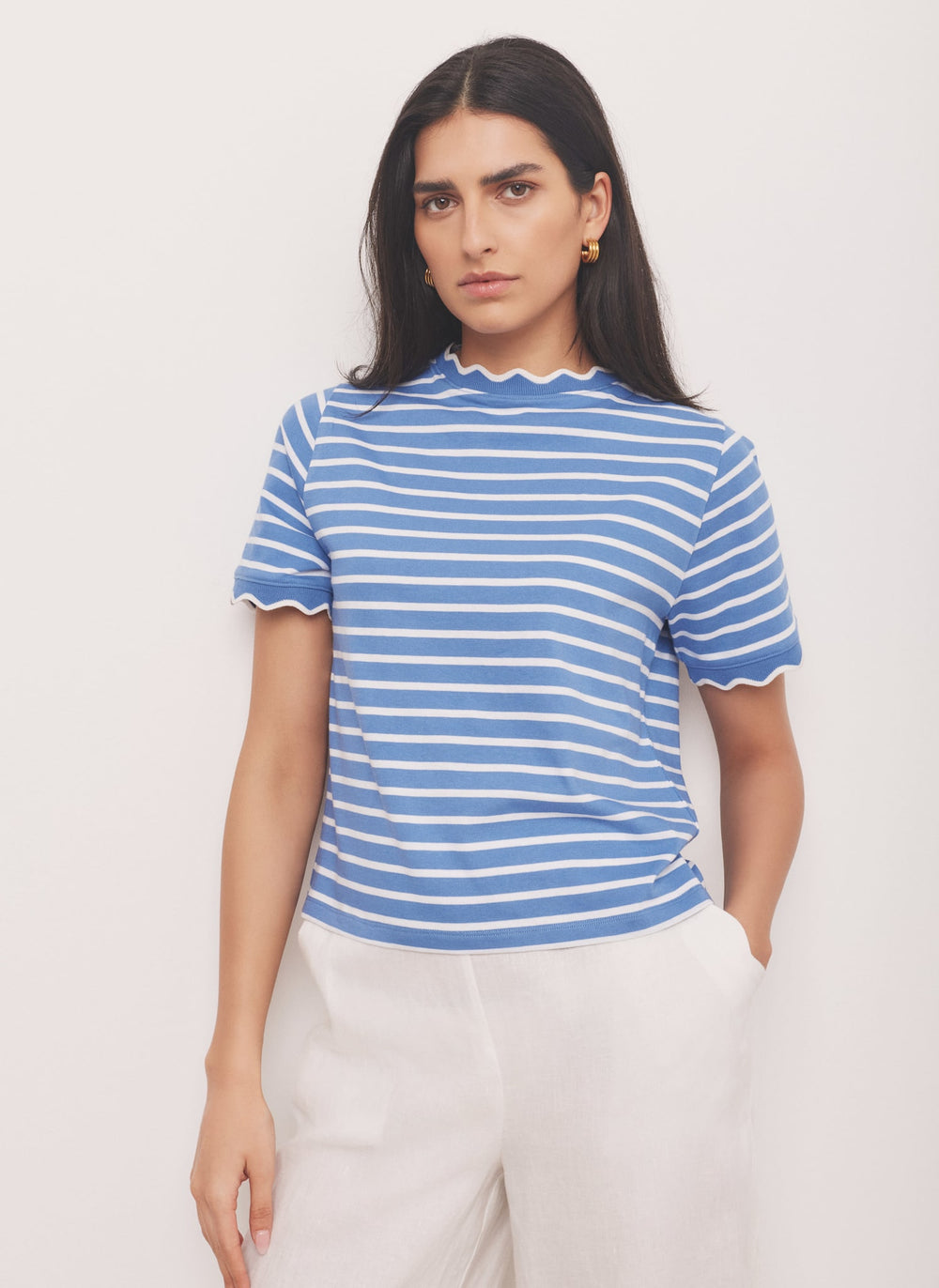 Blue Cotton Striped Scallop T-Shirt