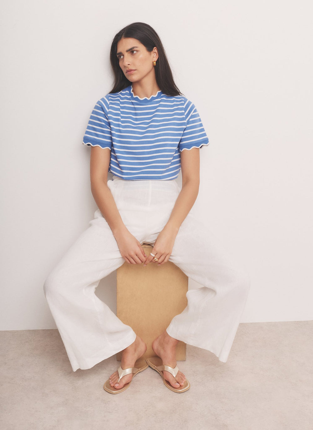Blue Cotton Striped Scallop T-Shirt