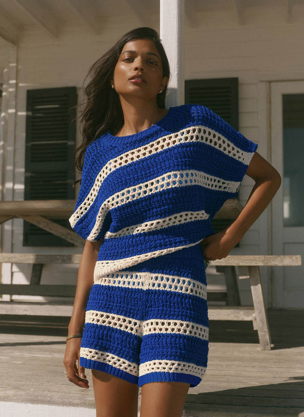 Blue Cotton Striped Crochet Knit Shorts
