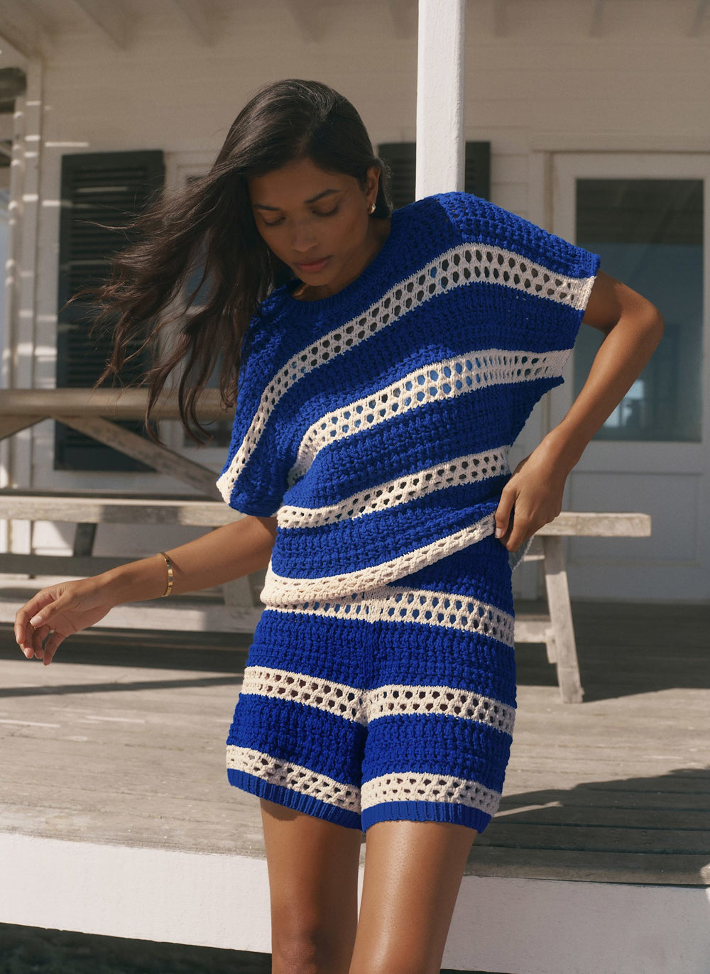 Blue Cotton Striped Crochet Knit Top