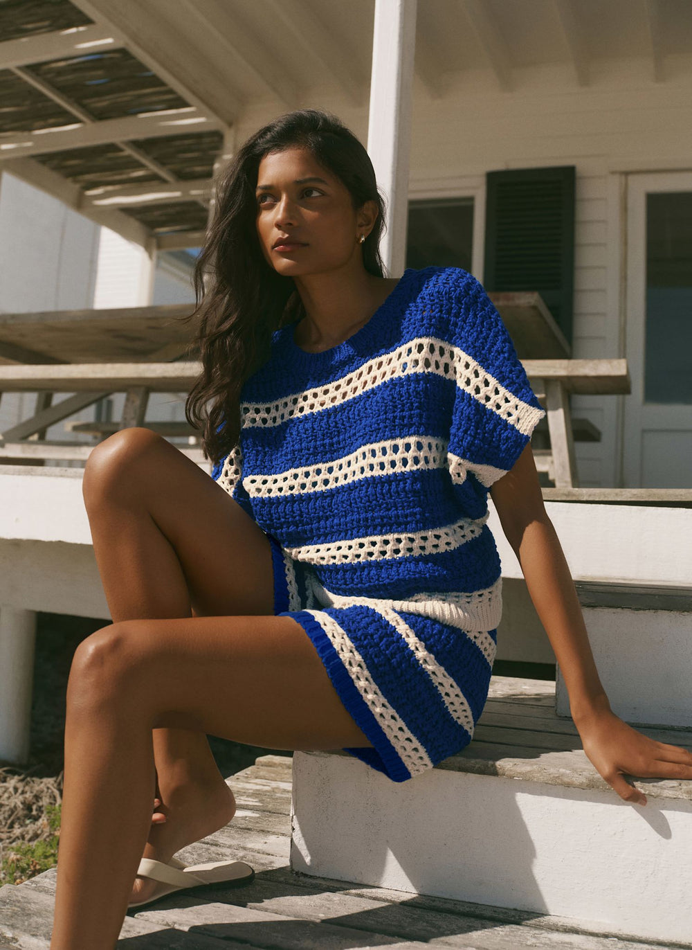 Blue Cotton Striped Crochet Knit Top