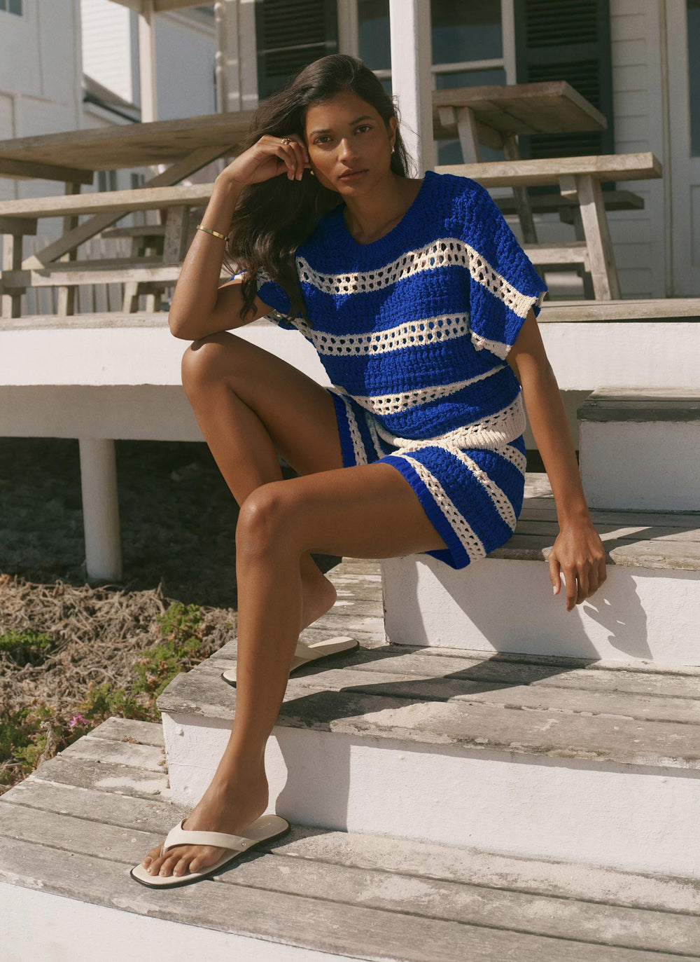 Blue Cotton Striped Crochet Knit Top