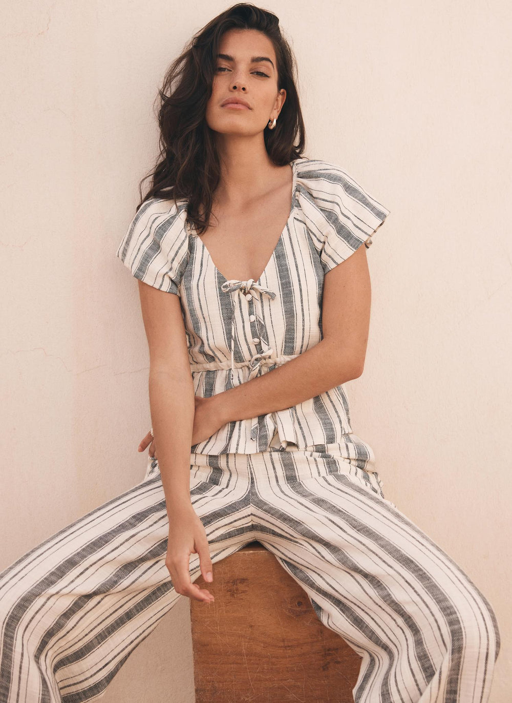 Blue Stripe Tie Front Top