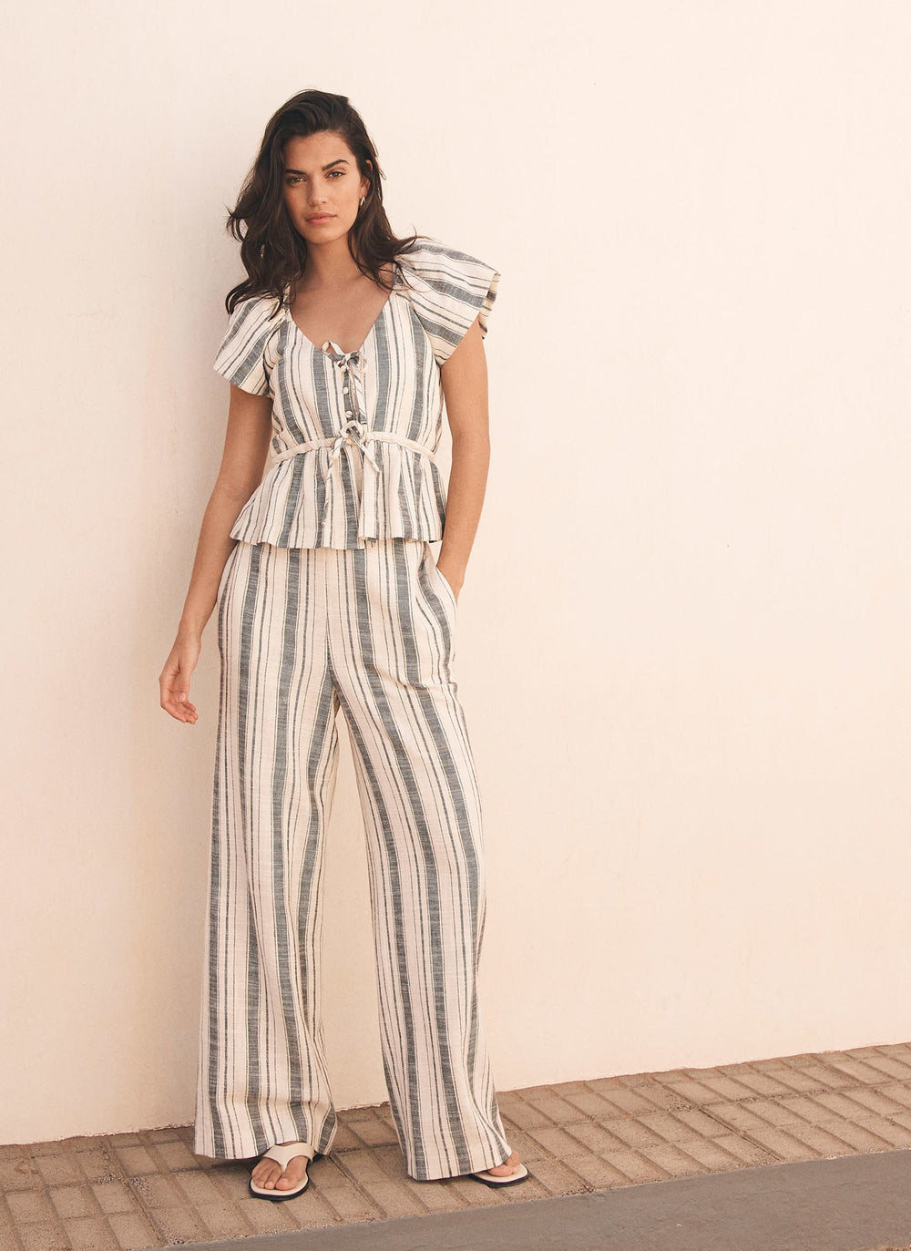 Blue Stripe Tie Front Top