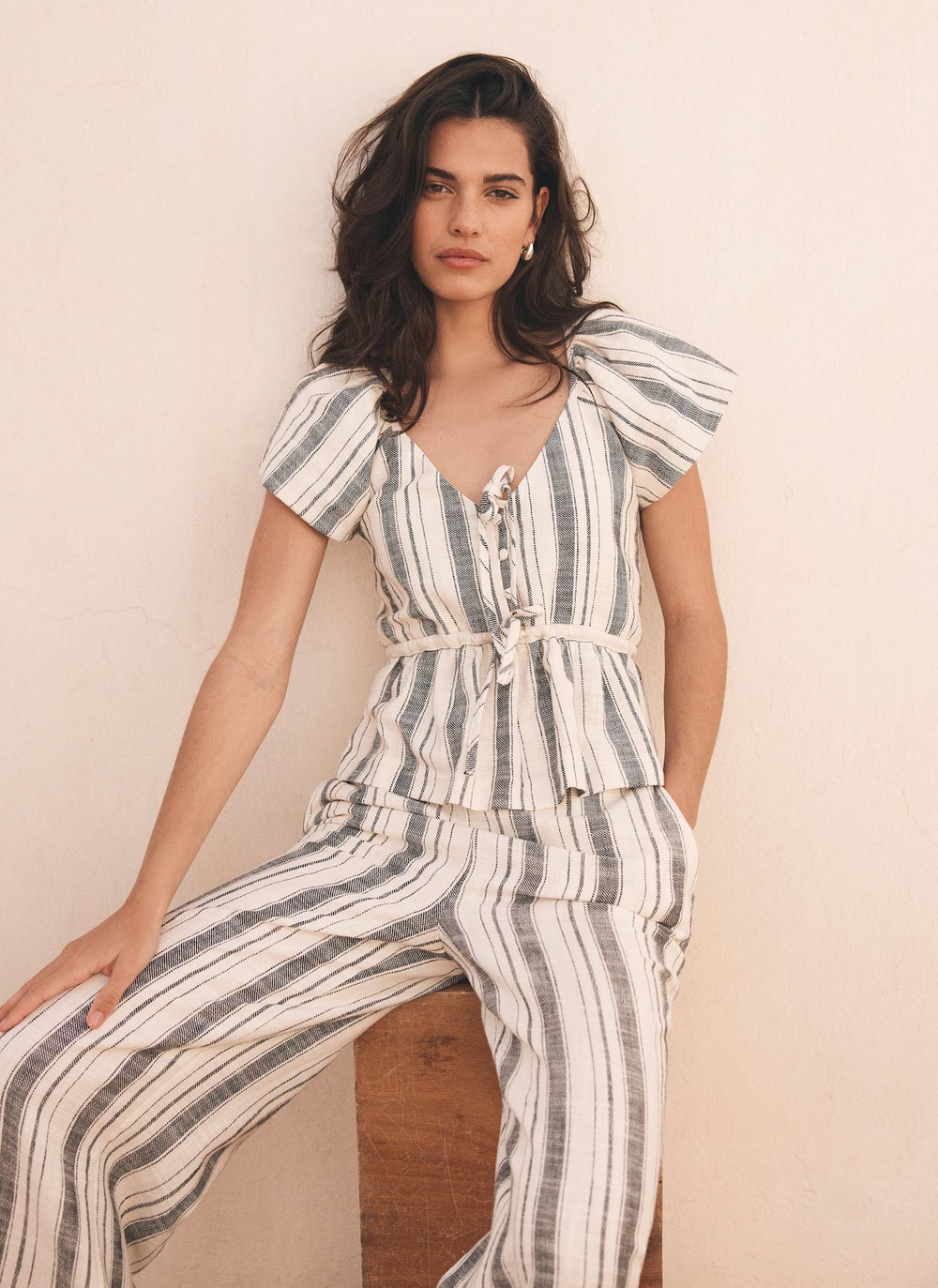 Blue Stripe Tie Front Top