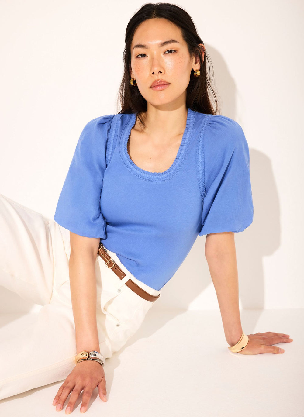 Blue Cotton Puff Sleeve Top