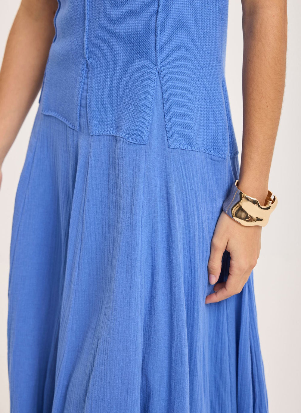 Blue Cotton Blend Drop Waist Maxi Dress