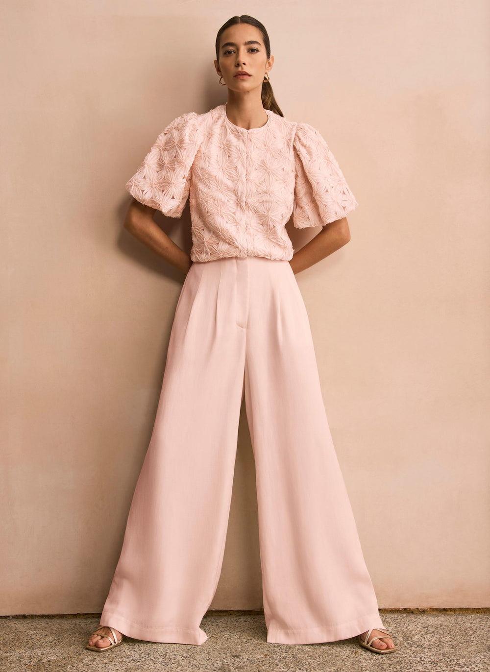 Pink Pleat Detail Wide Leg Trousers