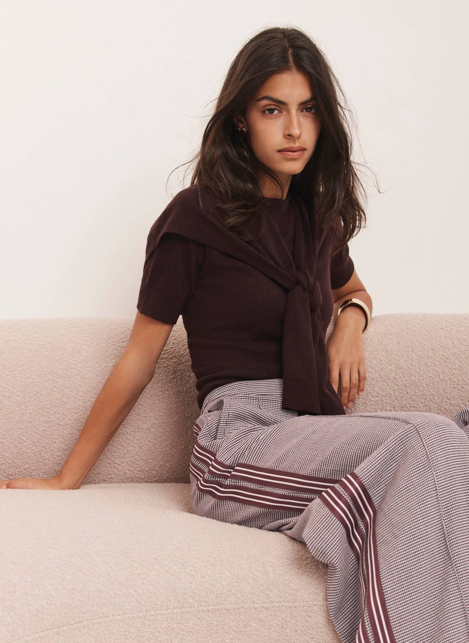 Burgundy Cotton Blend Scarf Detail Knit Top