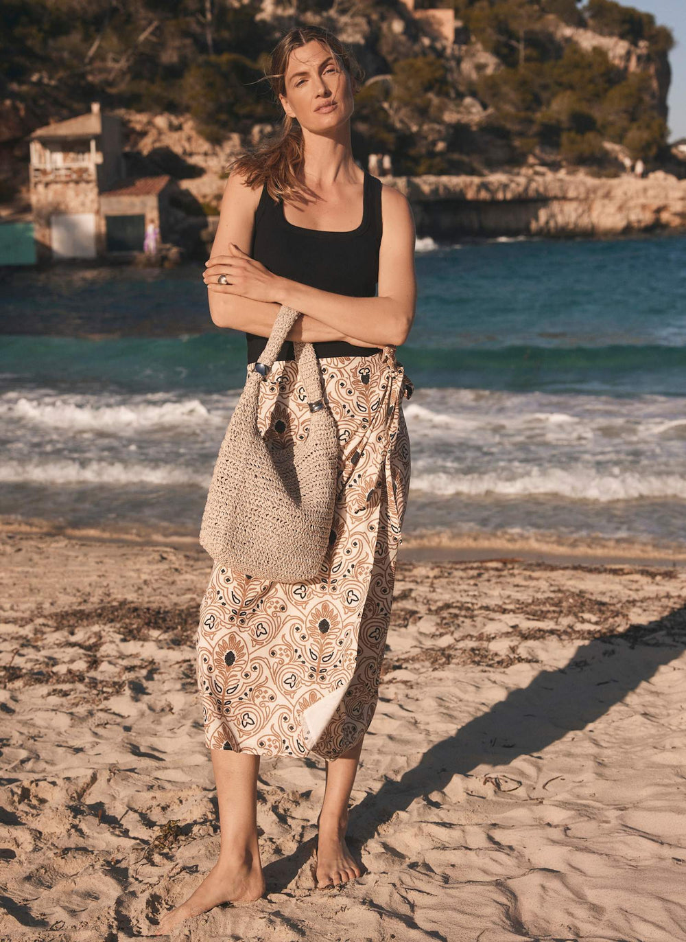Neutral Print Wrap Midi Skirt