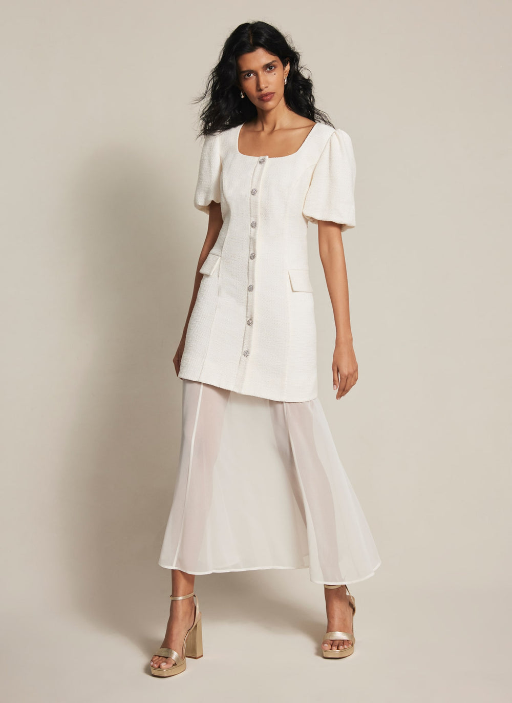 Cream Boucle Sheer Hem Maxi Dress