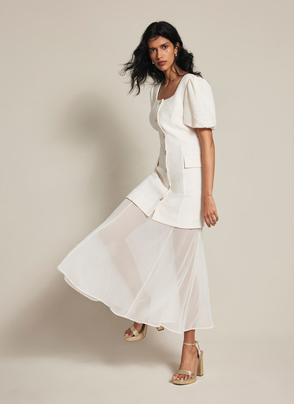 Cream Boucle Sheer Hem Maxi Dress