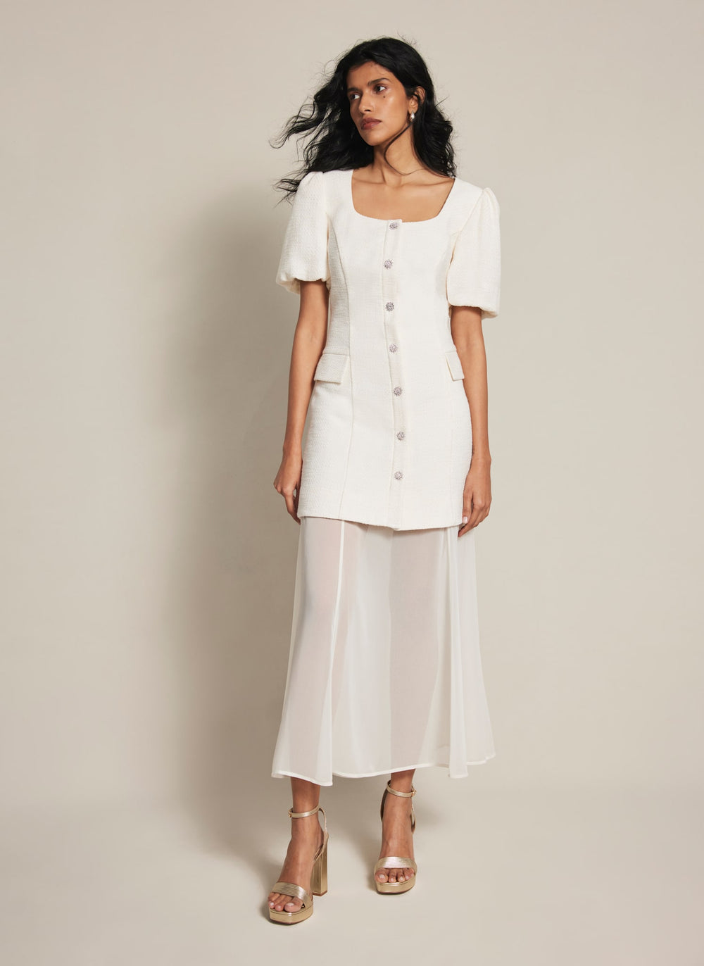 Cream Boucle Sheer Hem Maxi Dress