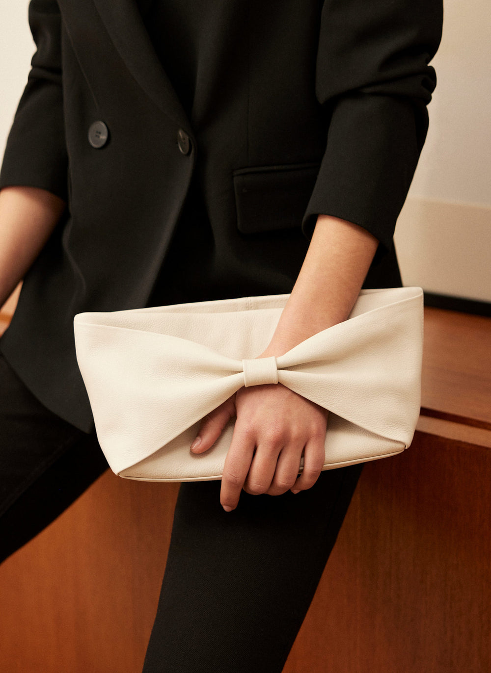 Cream Leather Bow Clutch Bag