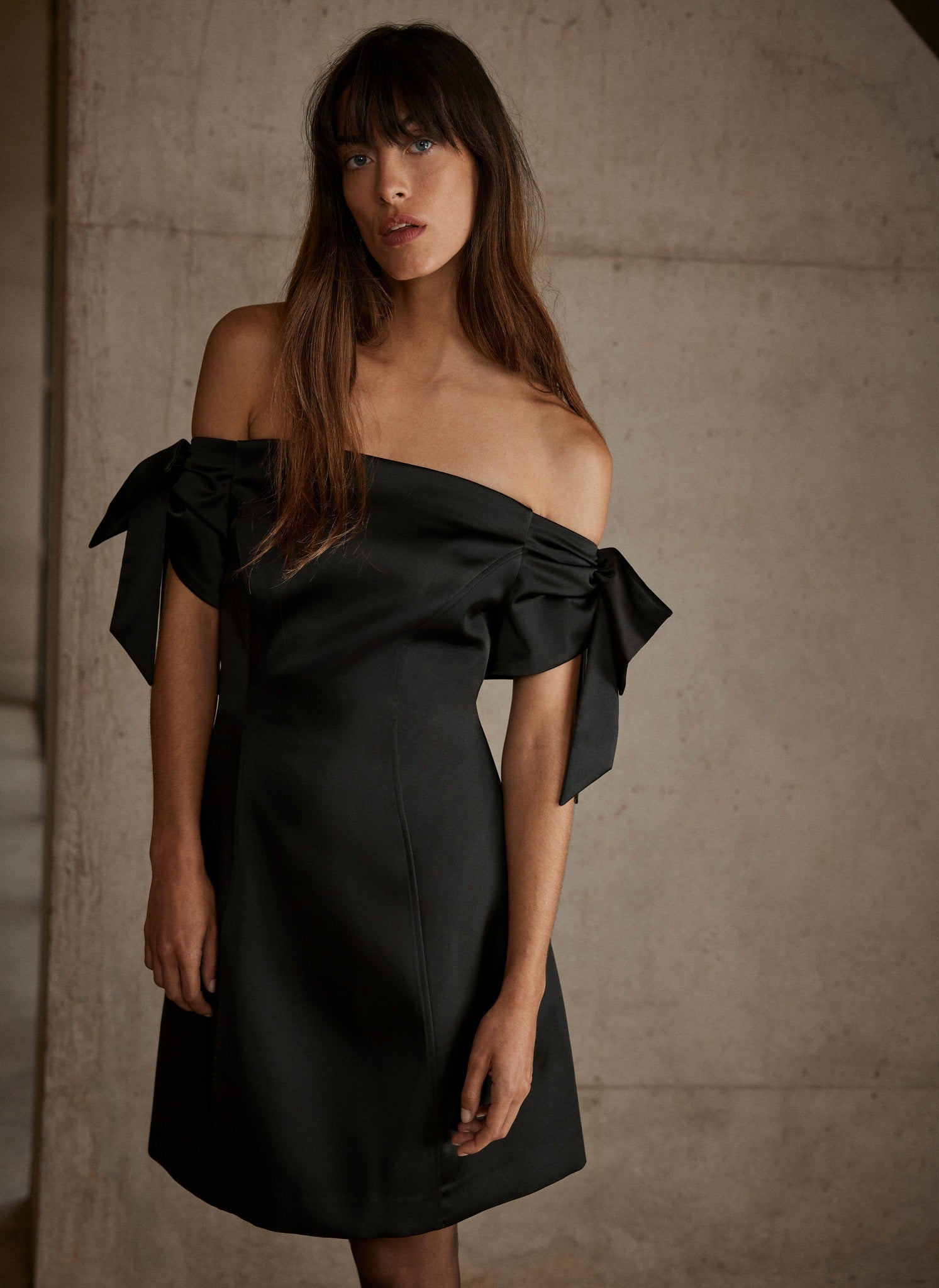 Oversized Satin Bow Off The Shoulder Mini Dress main image 0
