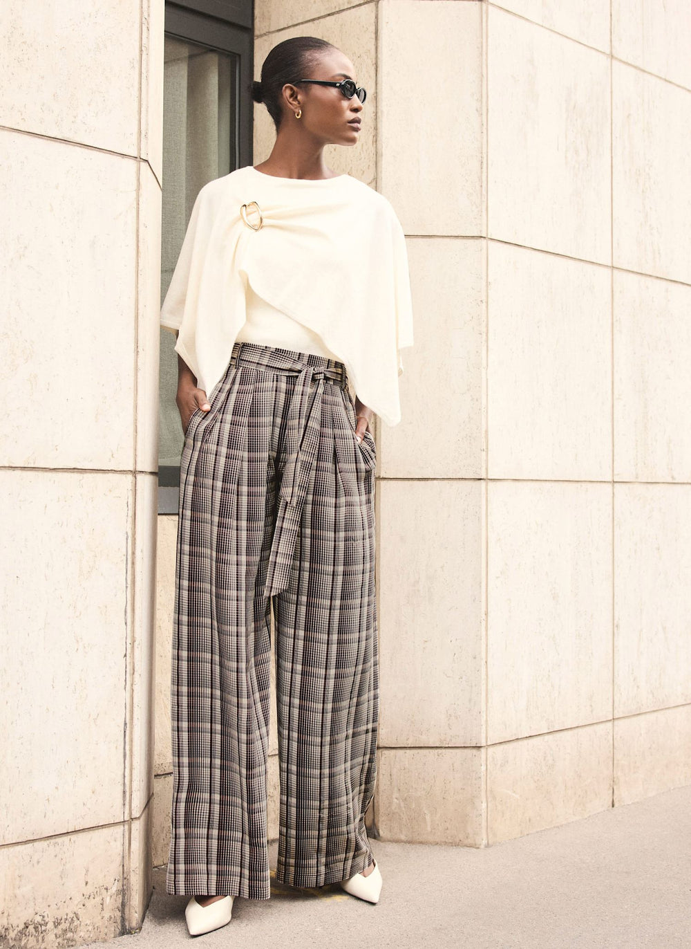 Brown Check Belted Wide Leg Trousers