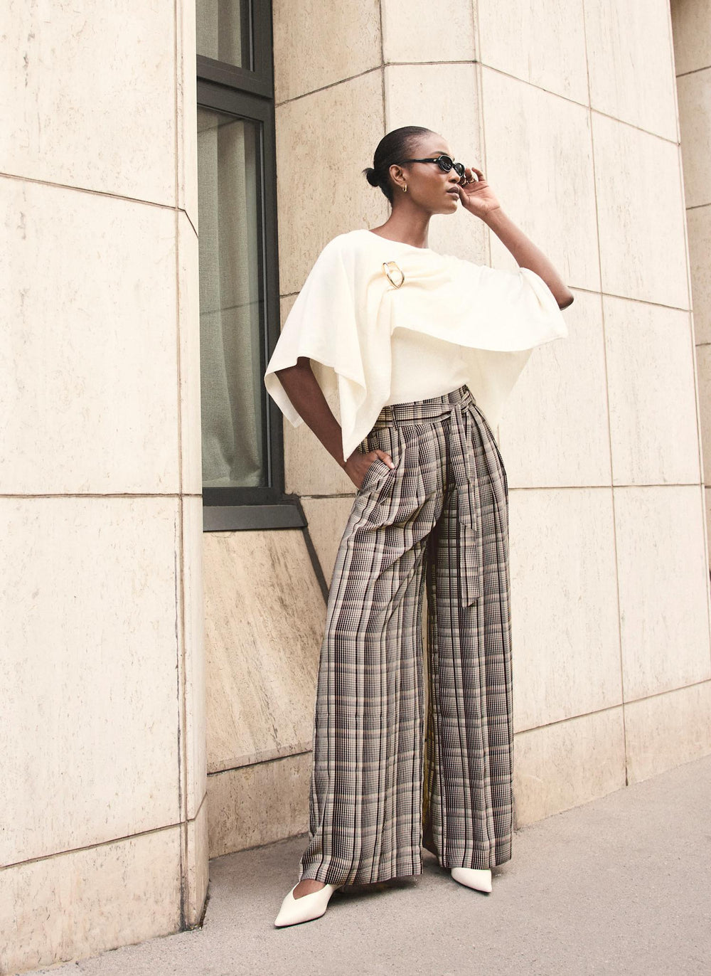 Brown Check Belted Wide Leg Trousers