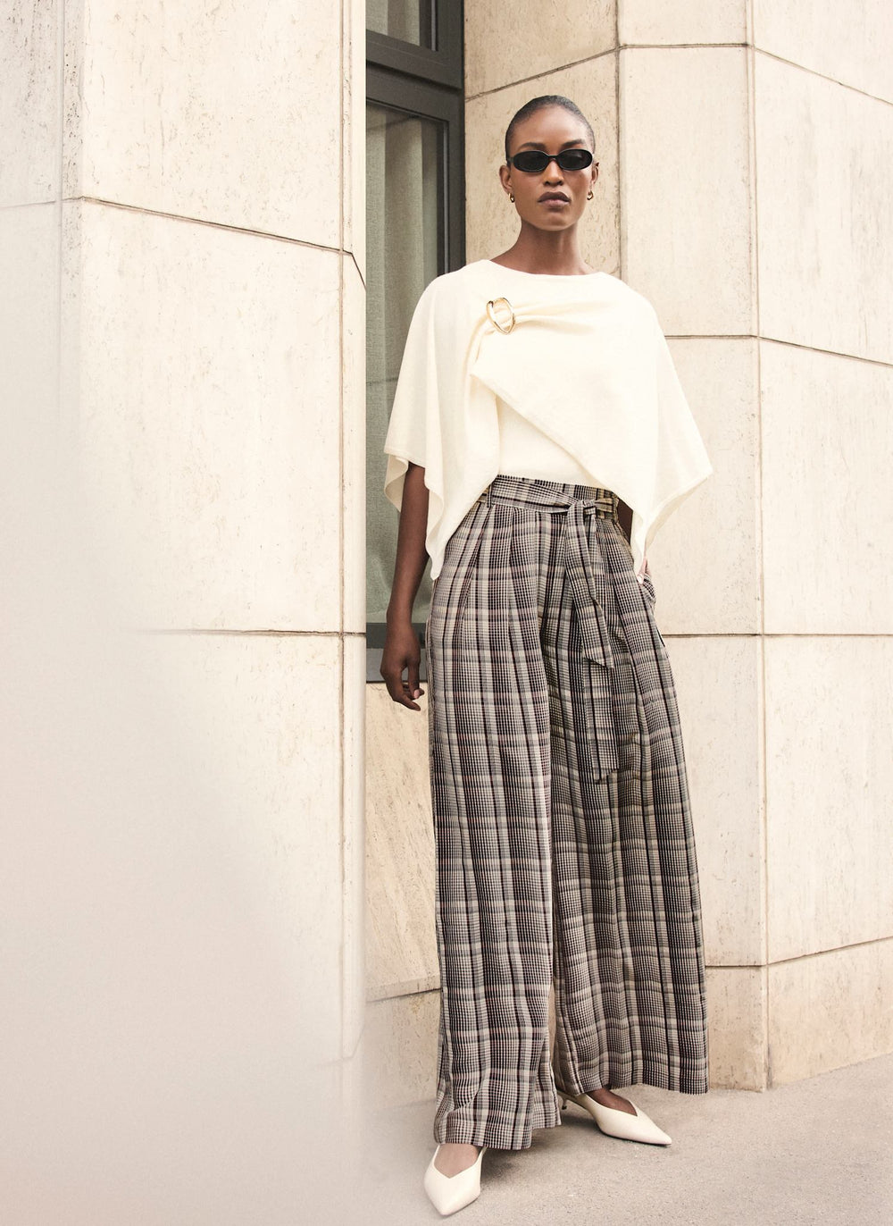 Brown Check Belted Wide Leg Trousers