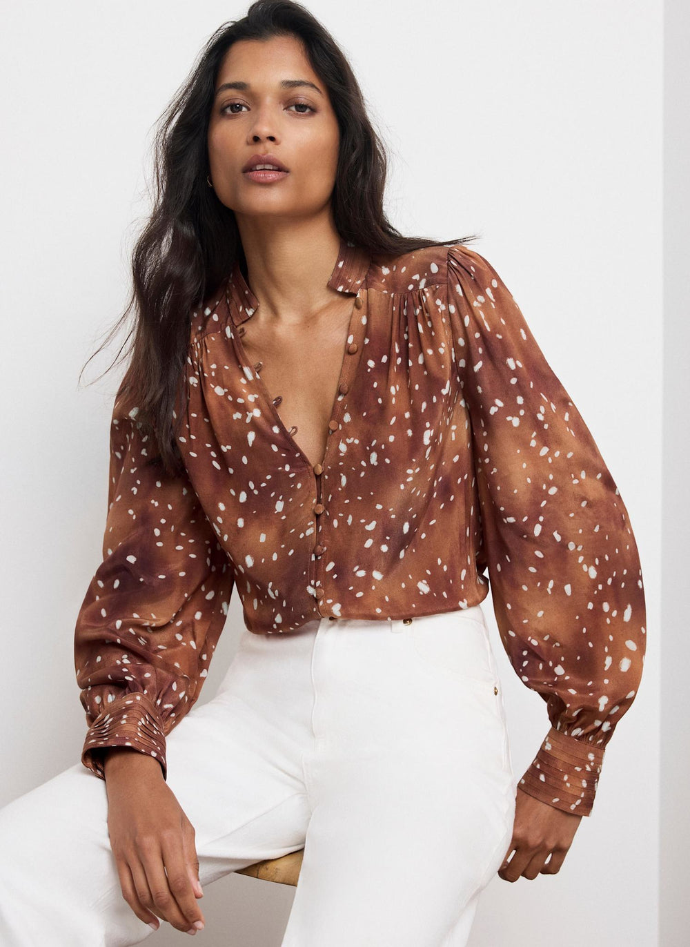 Brown Deer Print Button Blouse