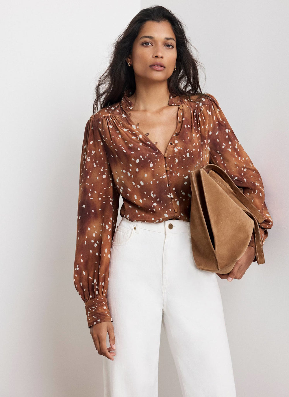 Brown Deer Print Button Blouse