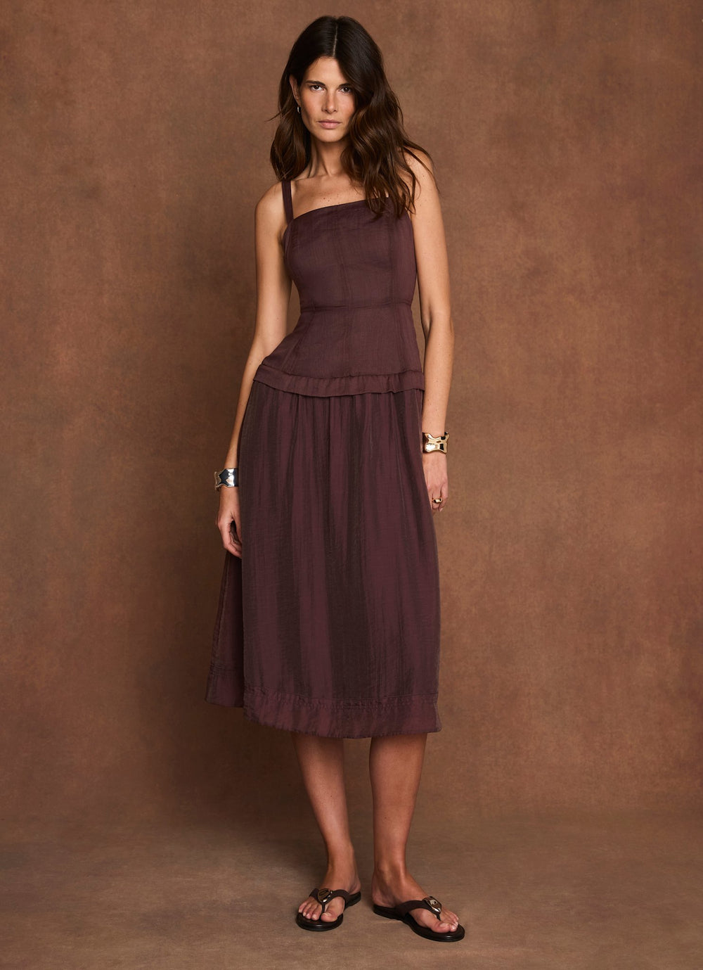 Burgundy Ramie Drop Waist Midi Dress