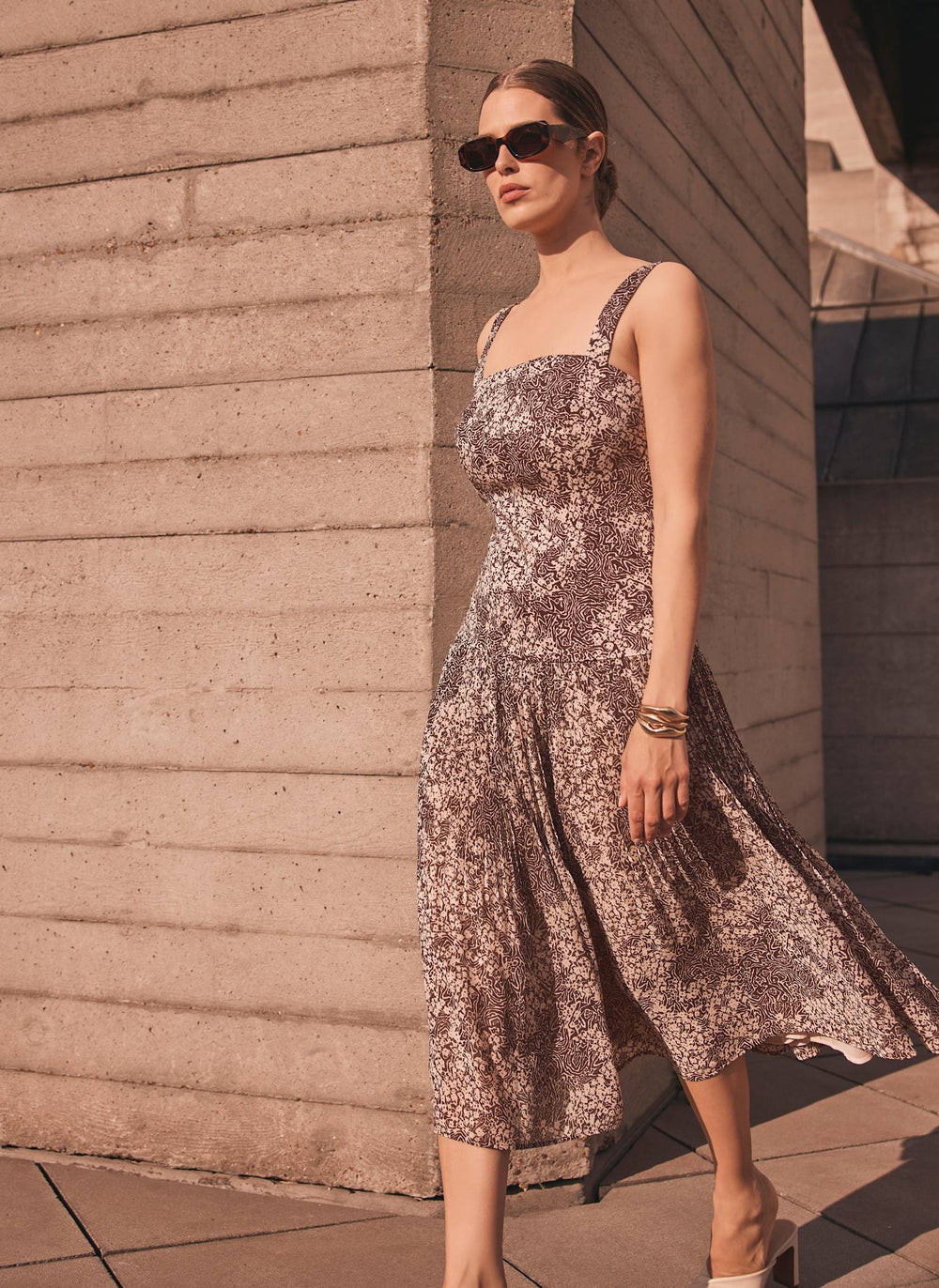 Brown Floral Print Midi Dress