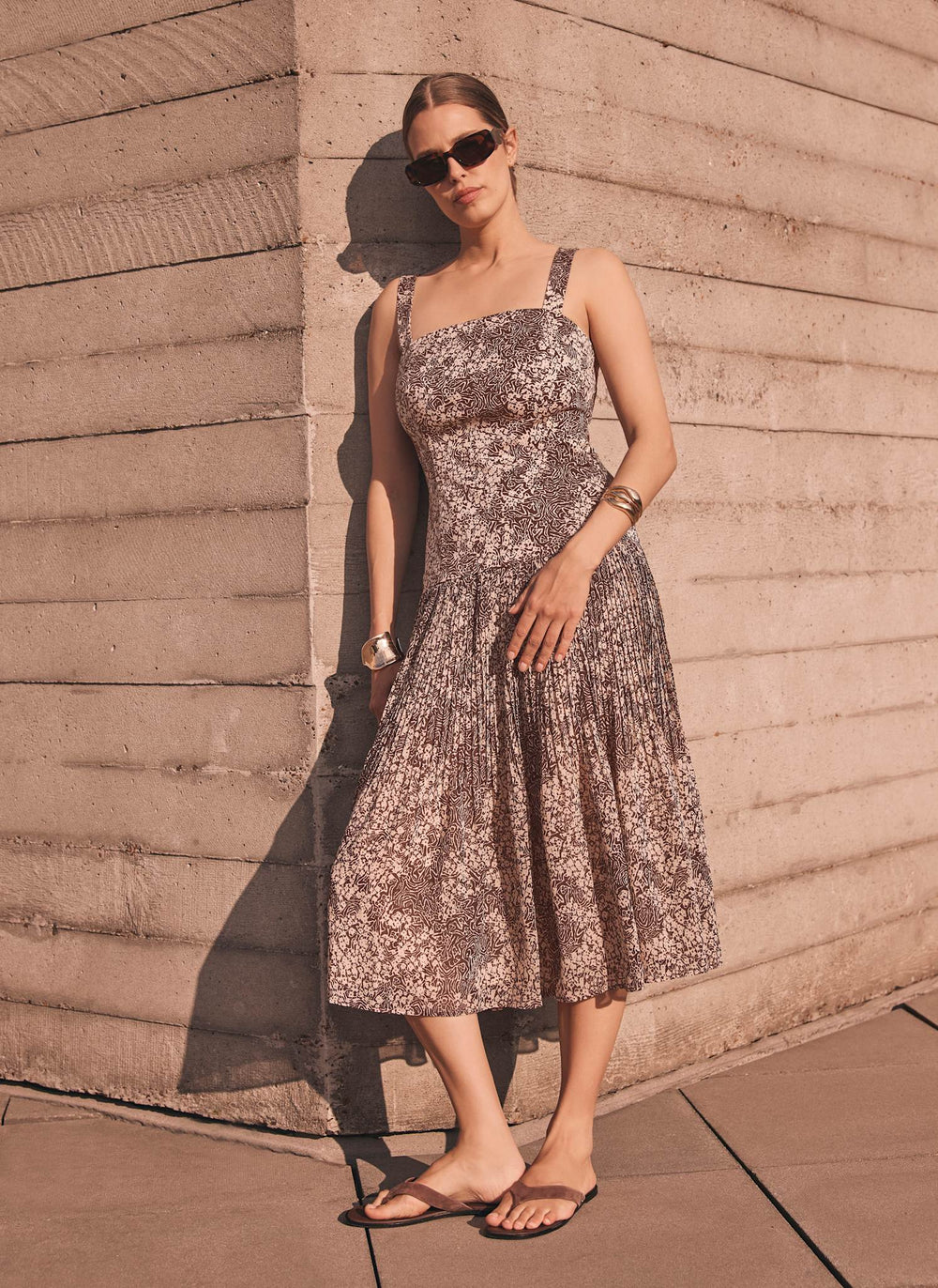 Brown Floral Print Midi Dress