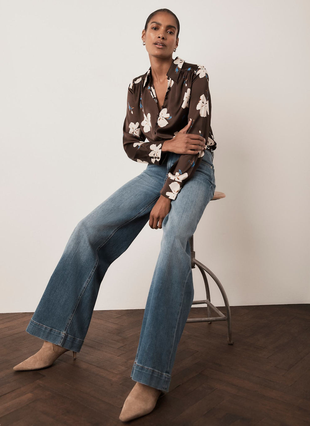 Brown Satin Floral Print Shirt
