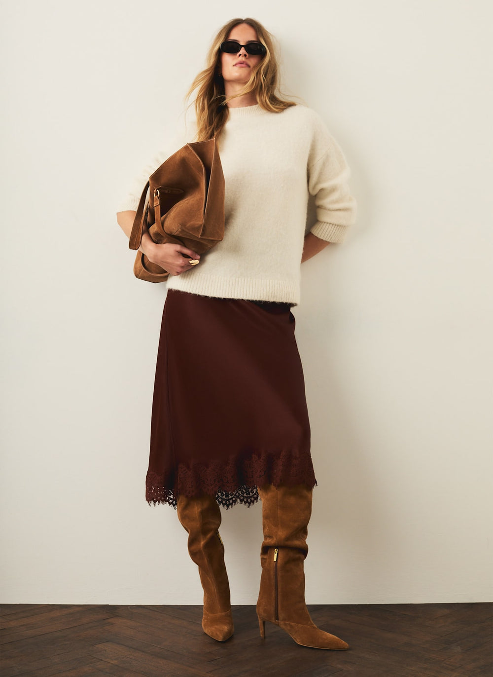 Brown Satin Lace Trim Maxi Skirt