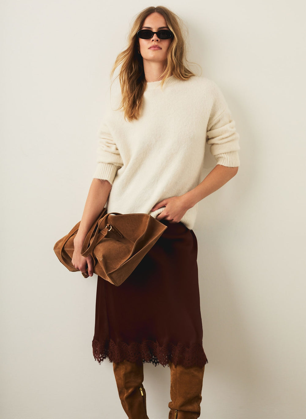 Brown Satin Lace Trim Maxi Skirt