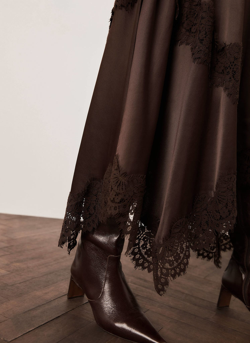 Brown Satin Lace Trim Midi Skirt