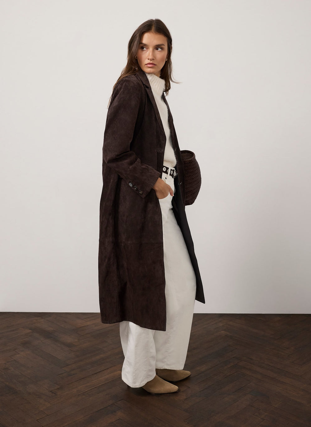 Brown Suede Single Breasted Longline Coat