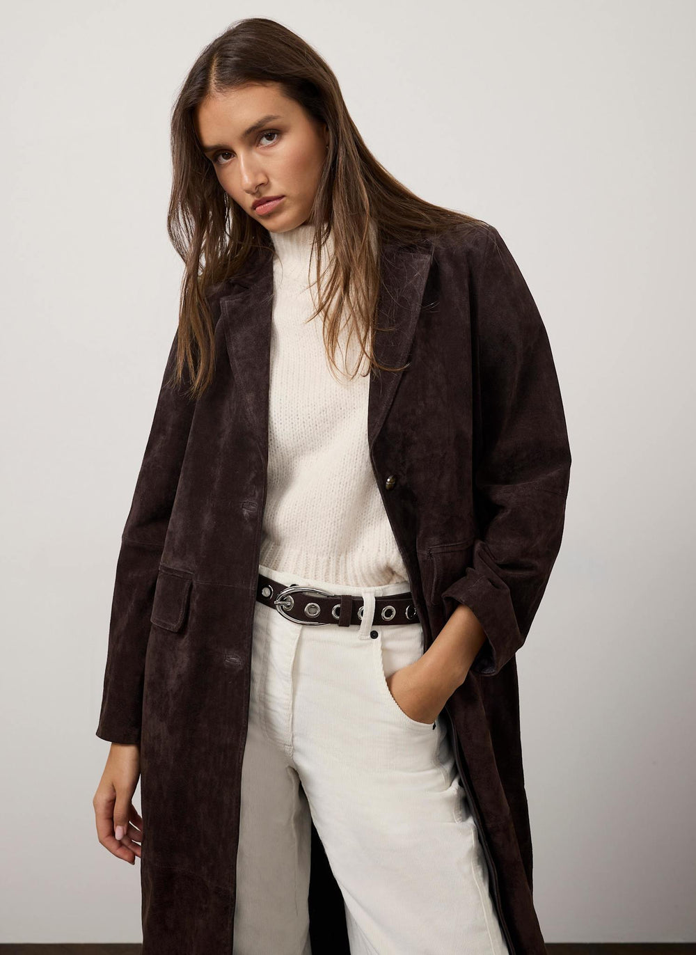 Brown Suede Single Breasted Longline Coat