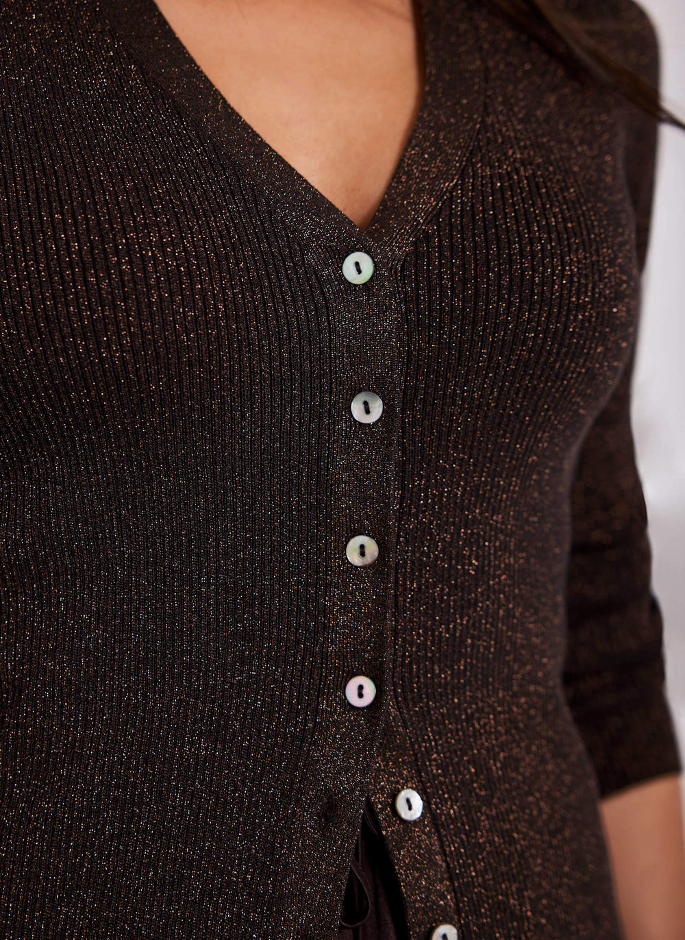 Brown Metallic Ribbed Knit Cardigan
