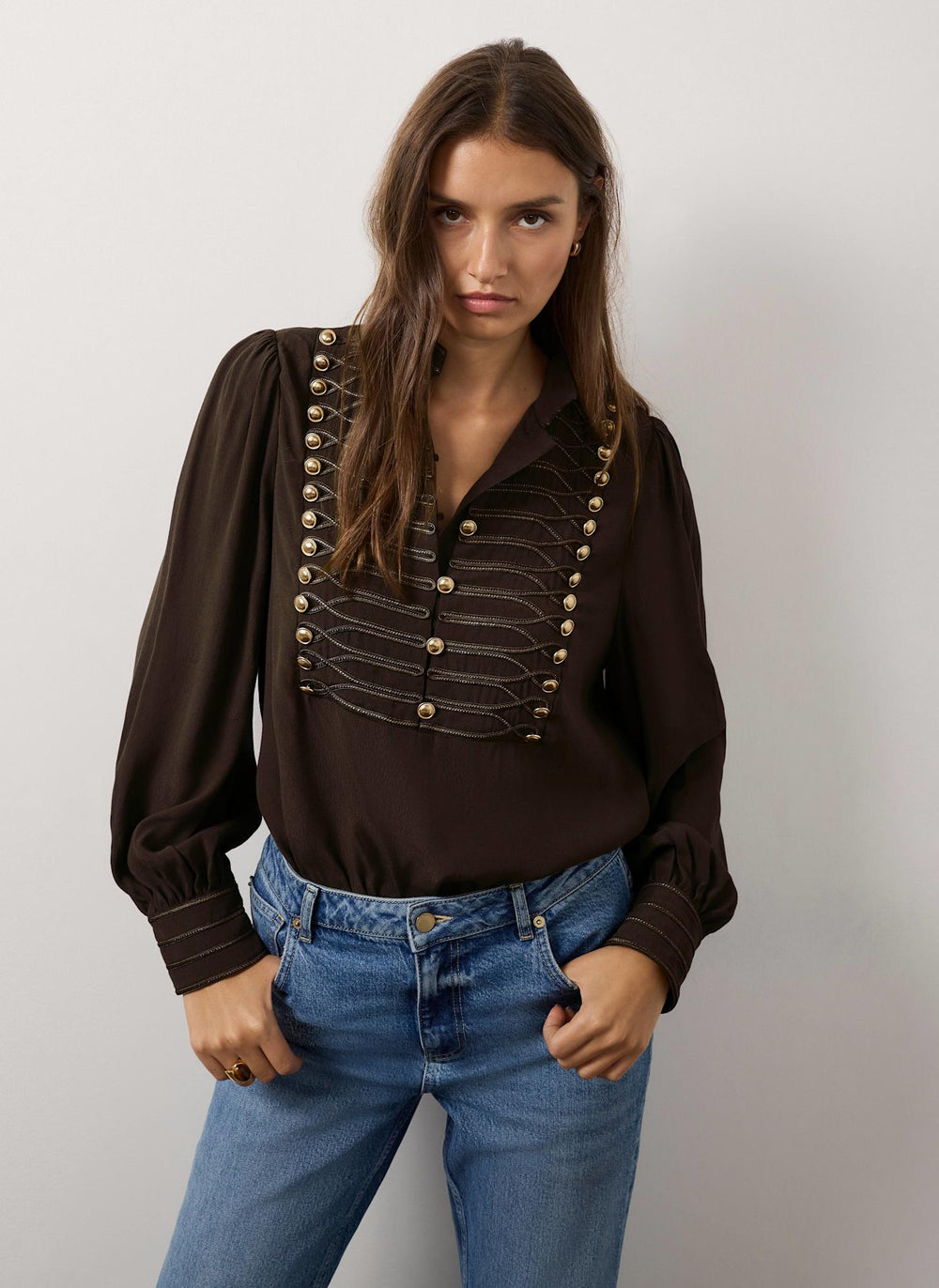 Brown Military Detail Blouse
