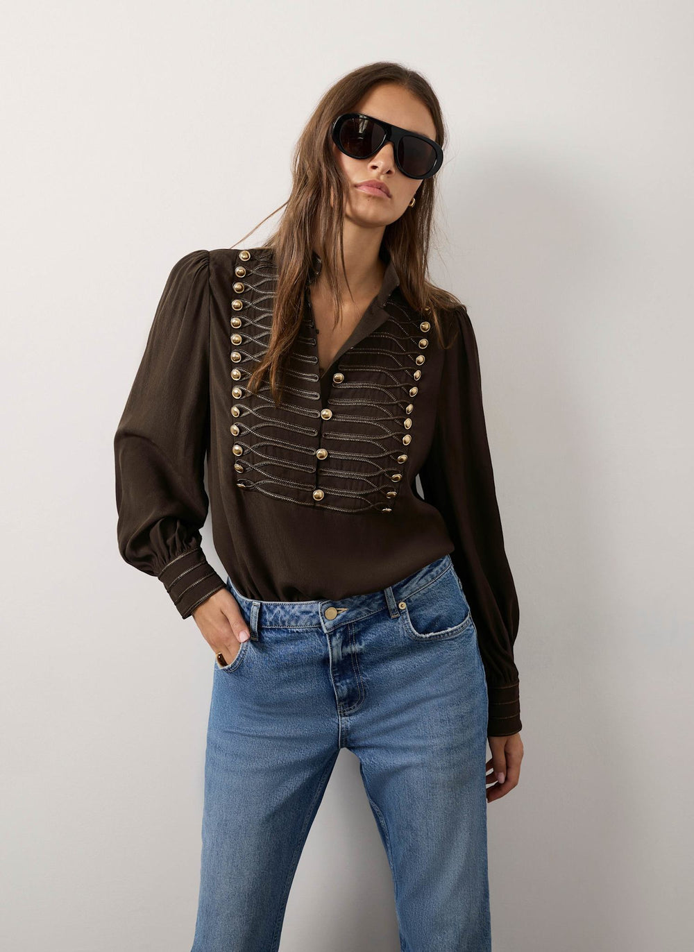 Brown Military Detail Blouse