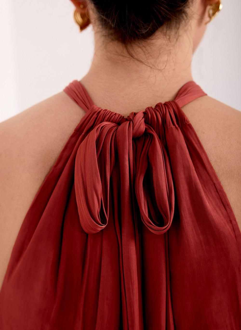 Rust Red Satin Halter Midi Dress