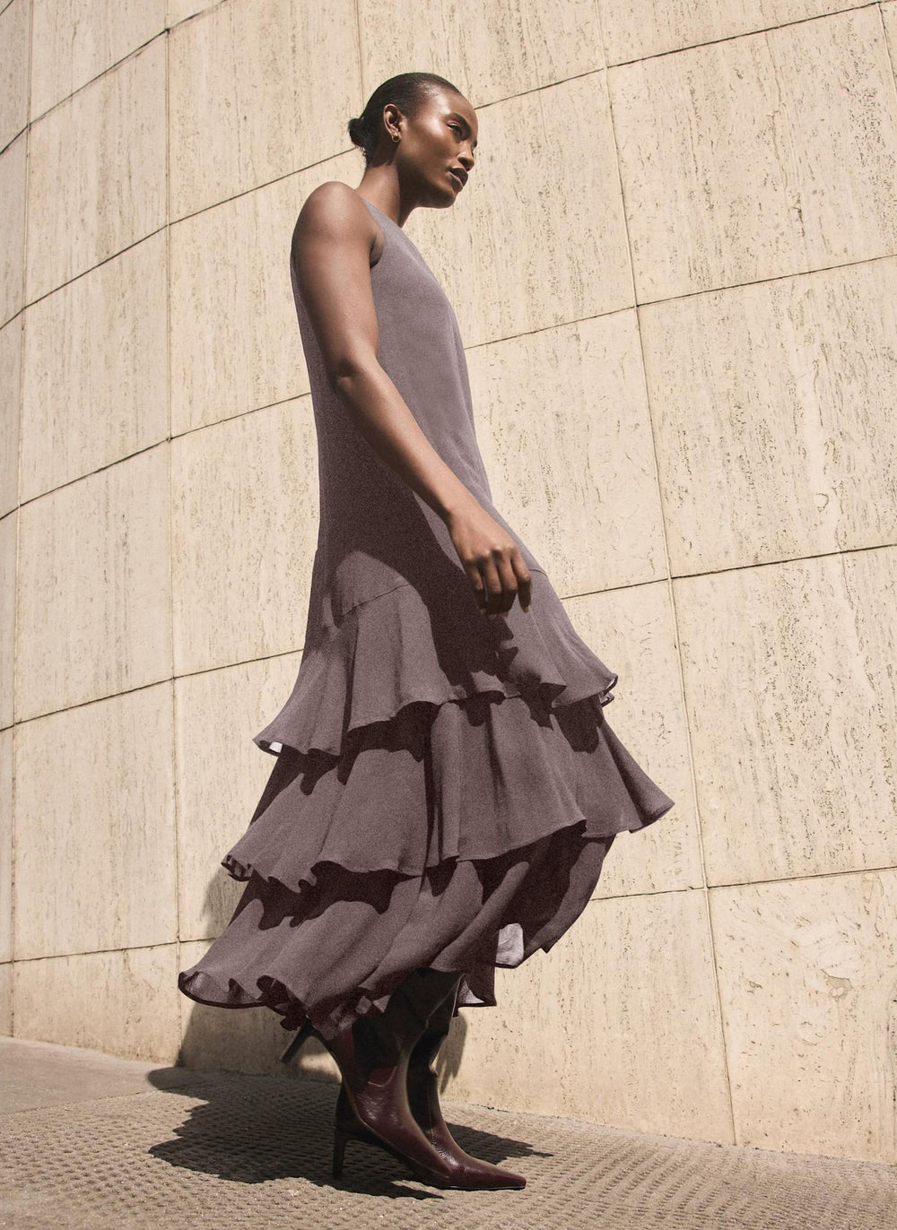Brown Ruffle Midi Dress