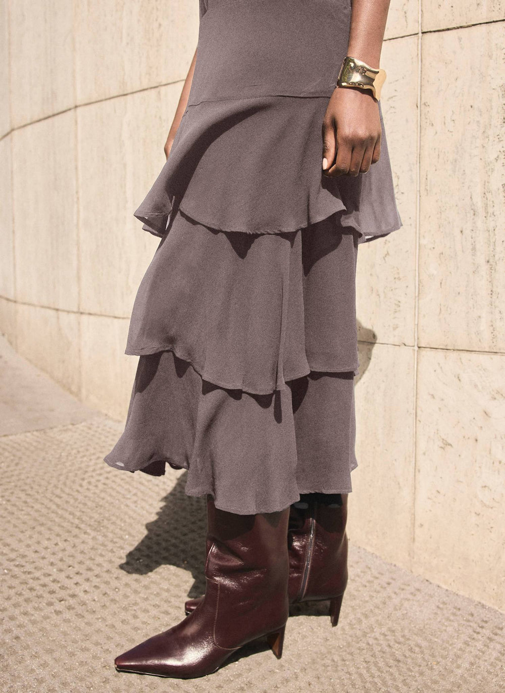Brown Ruffle Midi Dress