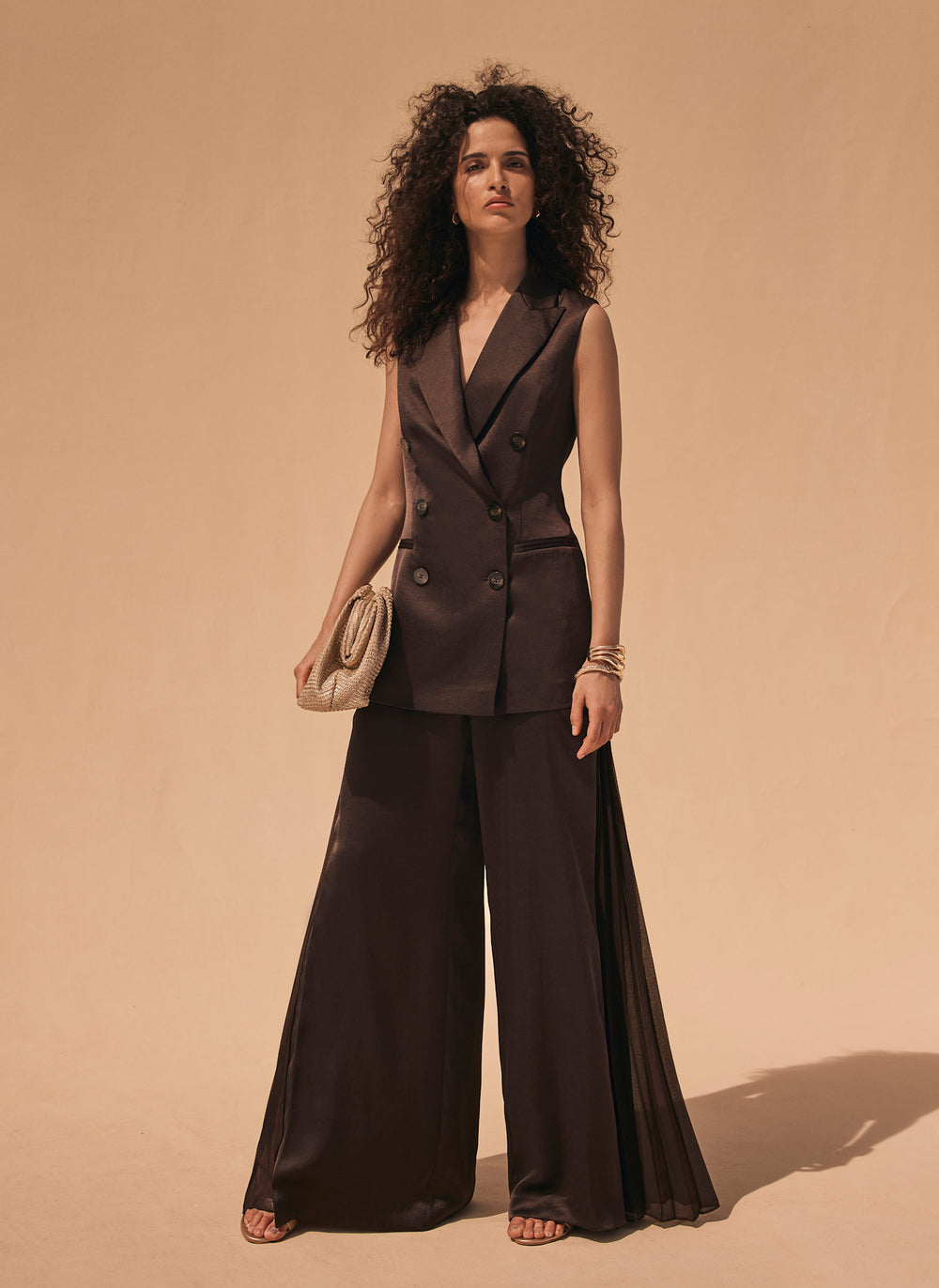 Brown Satin Side Pleat Wide Trousers